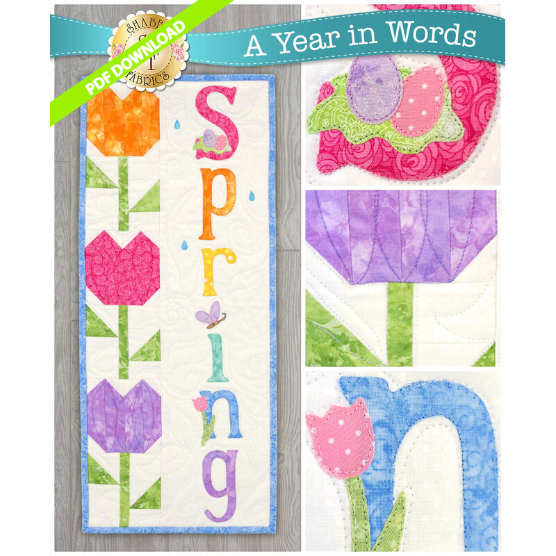 PDF Pattern for A Year In Words Wall Hangings April reading Spring with bright colored tulip blocks.