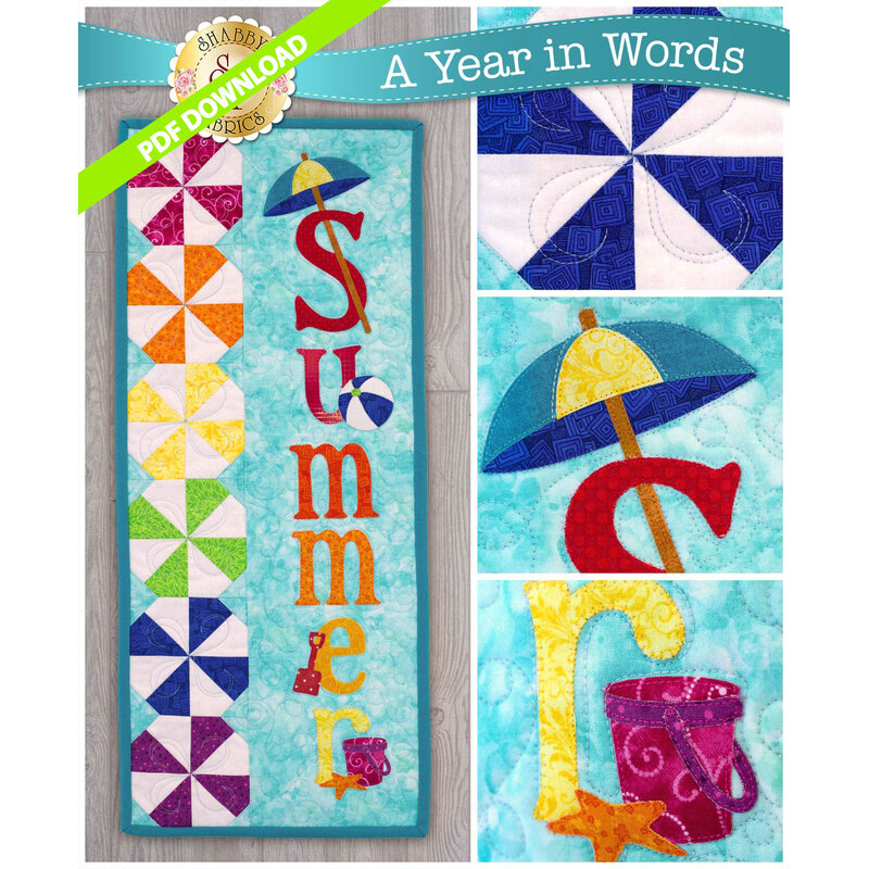 PDF Pattern for A Year In Words Wall Hangings July reading Summer with beach ball blocks on blue.