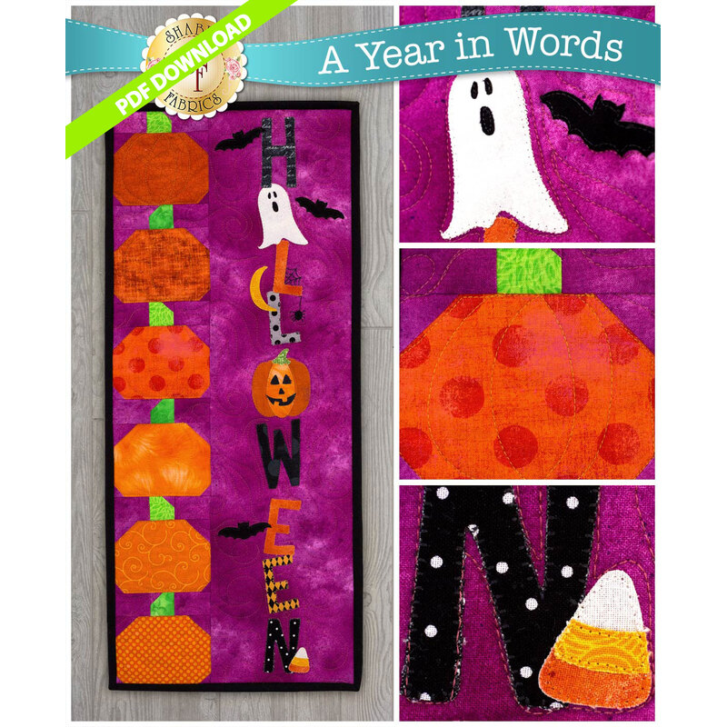 PDF Pattern for A Year In Words Wall Hangings October reading Halloween with spooky motifs.