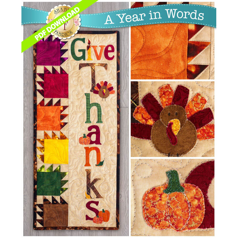 PDF Pattern for A Year In Words Wall Hanging Kit November reading Give Thanks with autumn leaves.