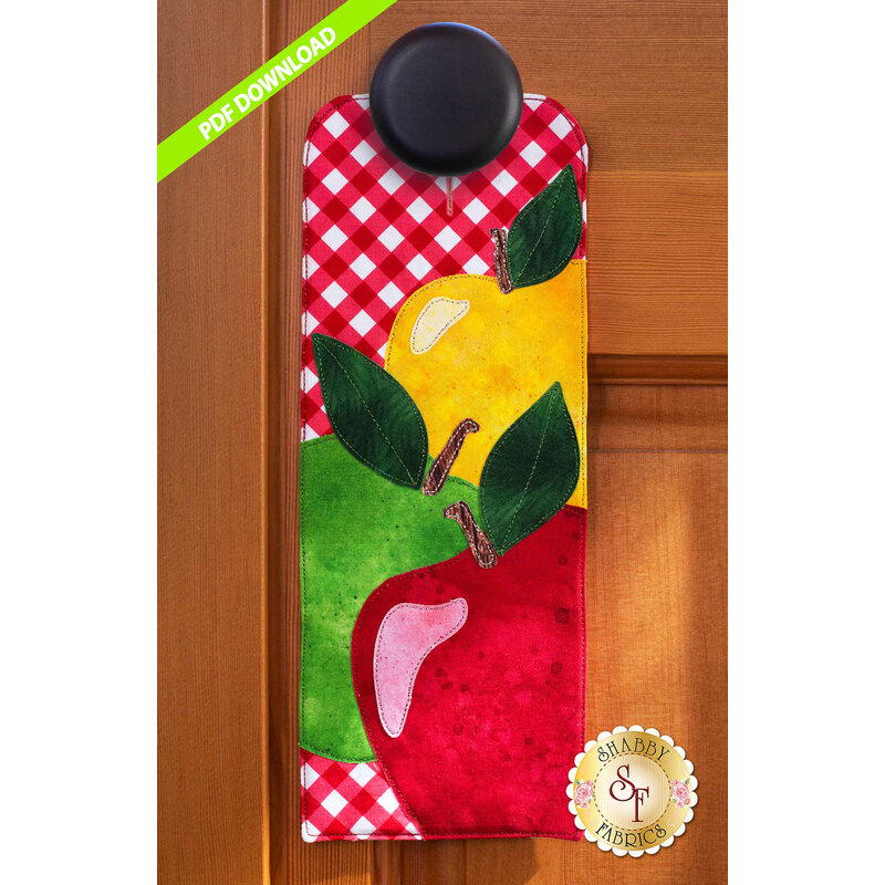 PDF Pattern for A-door-naments September with red, green, and yellow apples on red gingham.