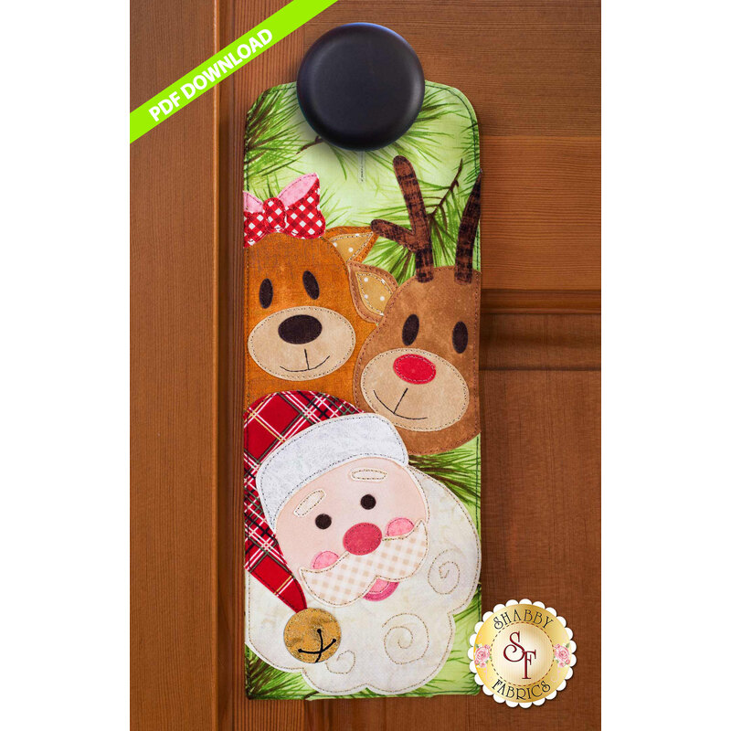PDF Pattern for for A-door-naments December with two reindeer and Santa on green fabric.