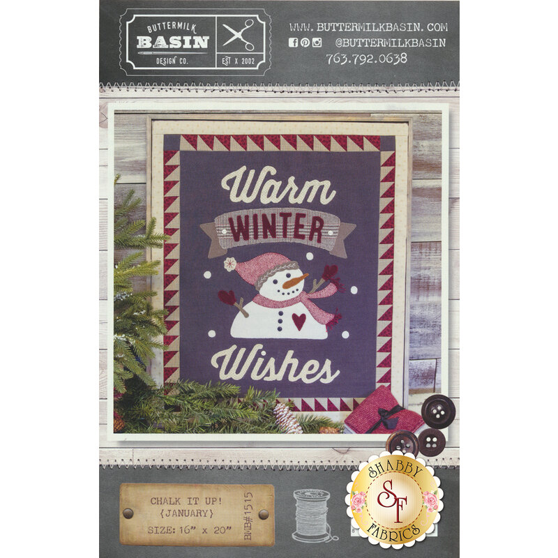 Chalk It Up! Series - January Pattern front cover showing the finished wall hanging with a snowman and the words Warm Winter Wishes.