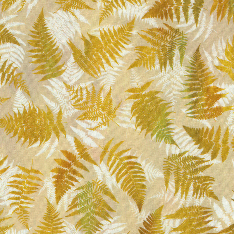 Tonal yellow cream fabric features composite overlay of ferns | Shabby Fabrics