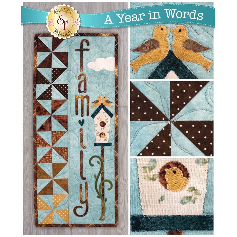 Pattern for A Year In Words Wall Hangings March reading Family with birds on a birdhouse.