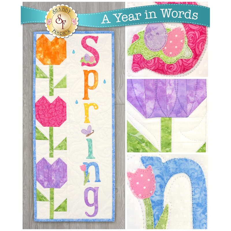 Pattern for A Year In Words Wall Hangings April reading Spring with bright colored tulip blocks.