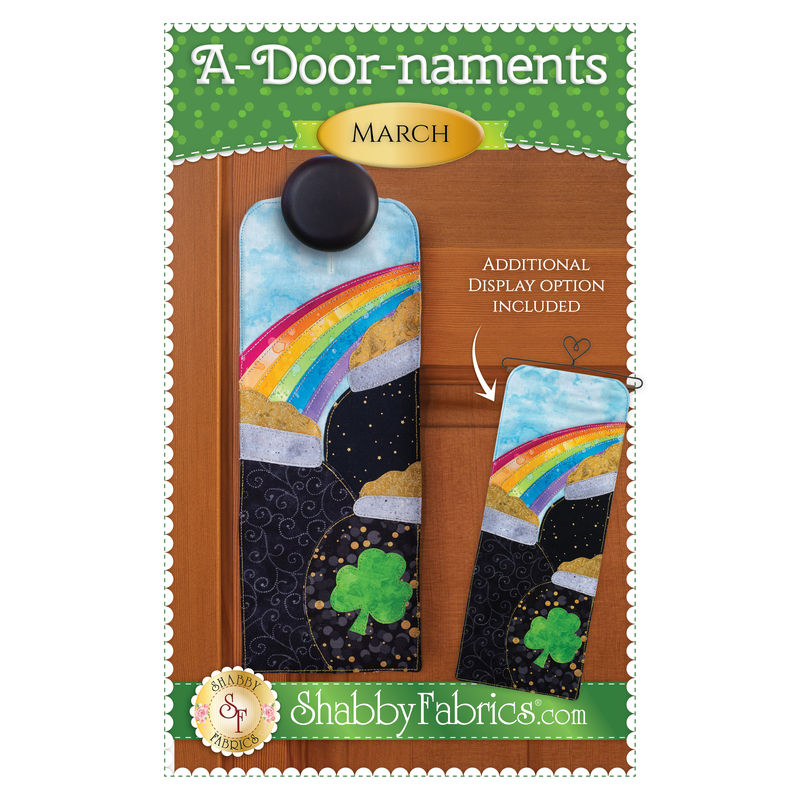 Pattern cover for A-door-naments March with pots of leprechaun gold under a rainbow!
