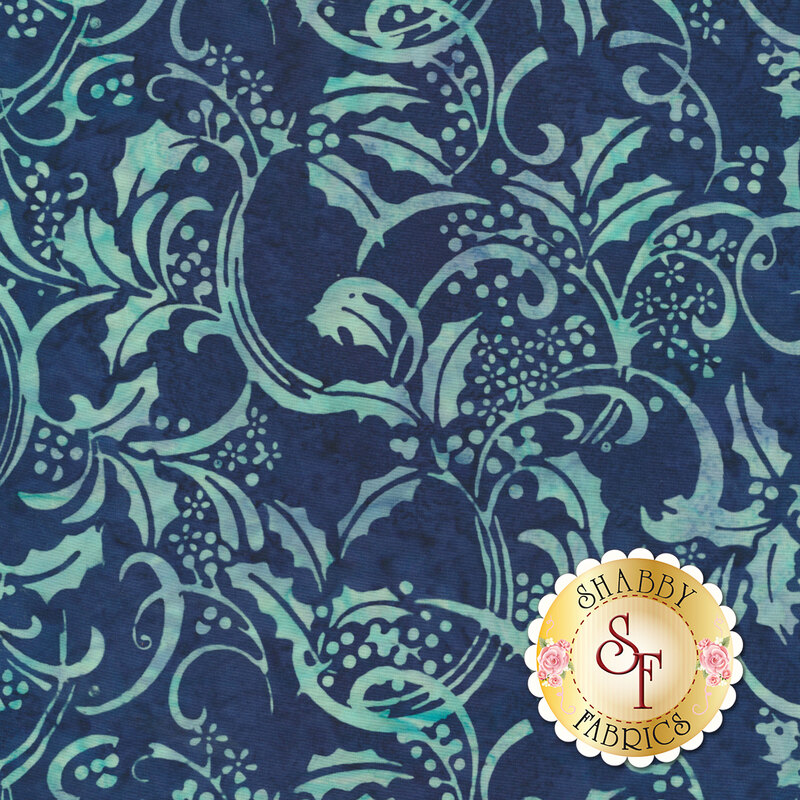 Ice blue scroll design all over mottled blue | Shabby Fabrics