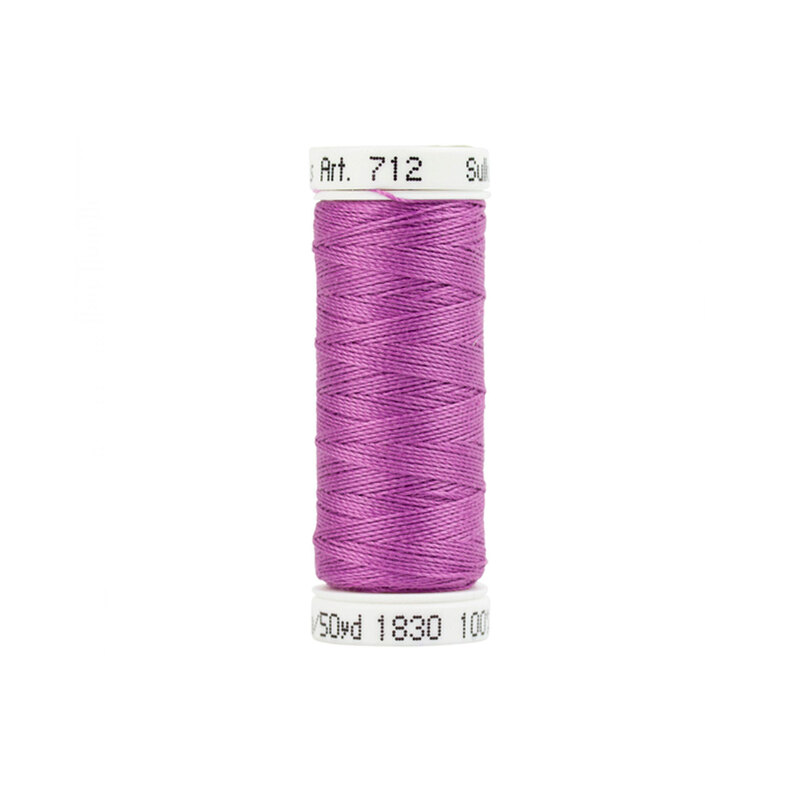 A spool of Sulky 12wt Cotton Petite #1830 Lilac thread on a white background