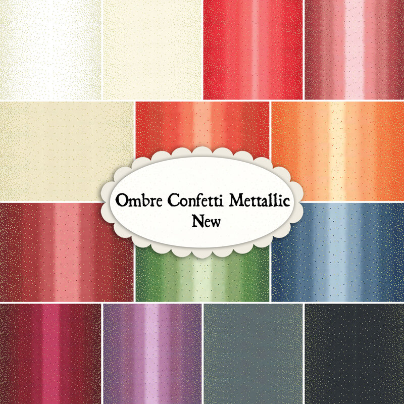 Collage of fabrics included in Ombre Confetti Metallic collection
