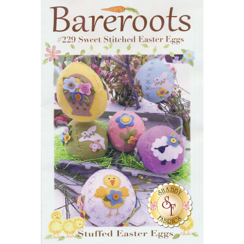 Sweet Stitched Stuffed Easter Eggs front cover featuring six stuffed eggs. Each Egg shows off a cute design including a sheep, a bunny, a floral basket, a chick and cute little flowers in each design as well.