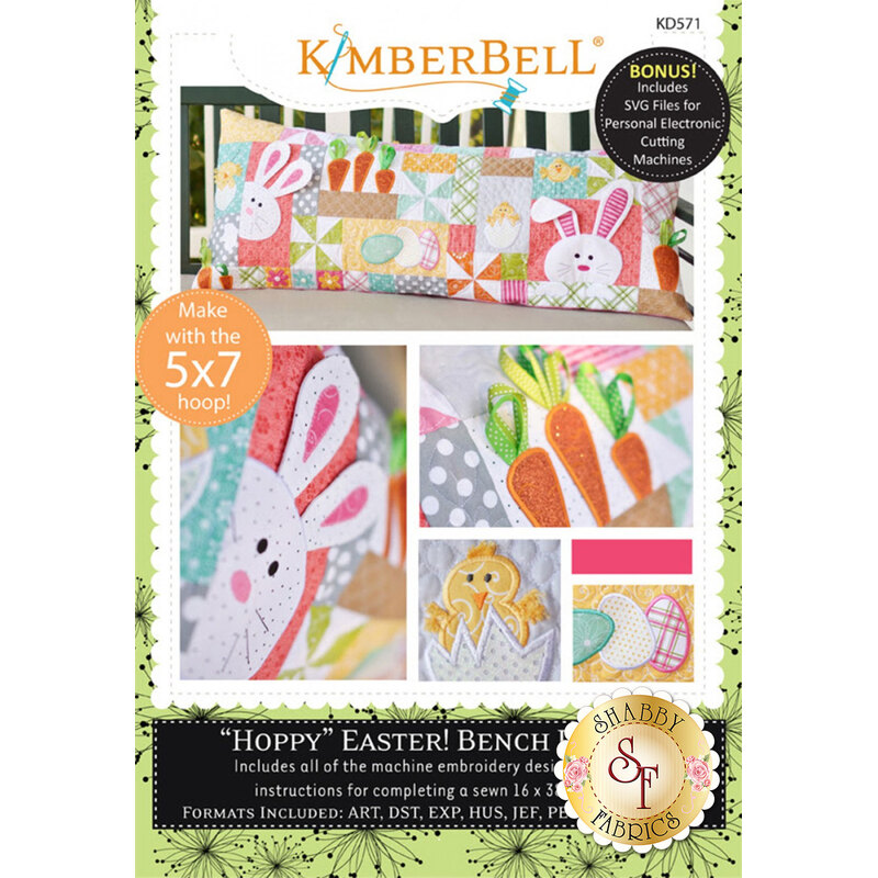 The front cover of the Hoppy Easter! Bench Pillow Machine Embroidery CD showing the finished pillow as well as close up detail shots.