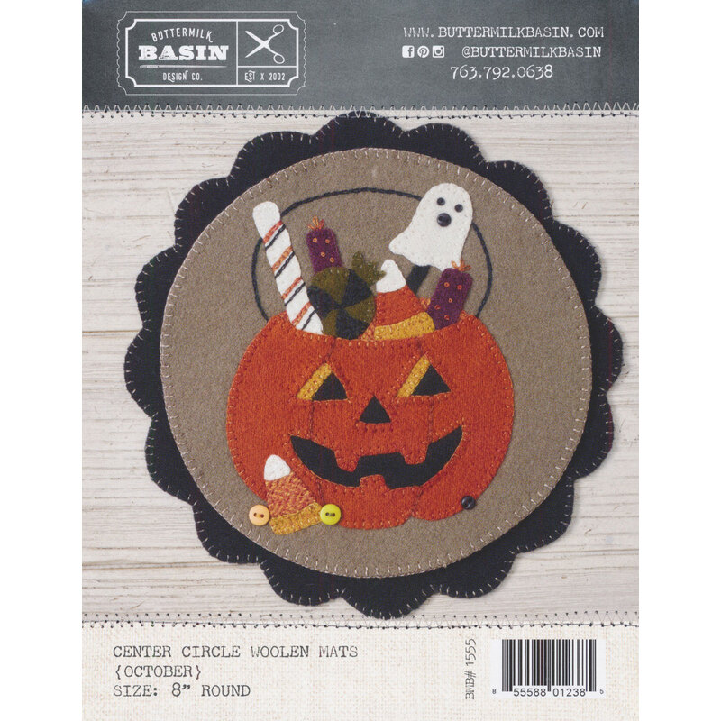 Welcome Home Center Circle Mat - October Pattern front cover showing the finished mat with a pumpkin trick or treating bucket full of candy.