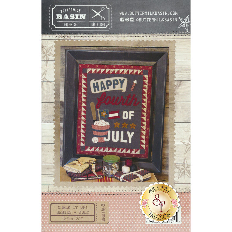 Chalk It Up! Series - July Pattern showing the finished wall hanging with a bucket of baseballs, baseball bat, flag, stars, fireworks and the words Happy Fourth of July.