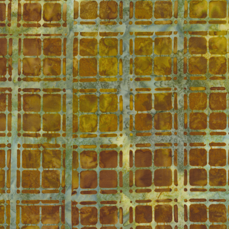 Turquoise checkered plaid design on mottled green/brown batik | Shabby Fabrics