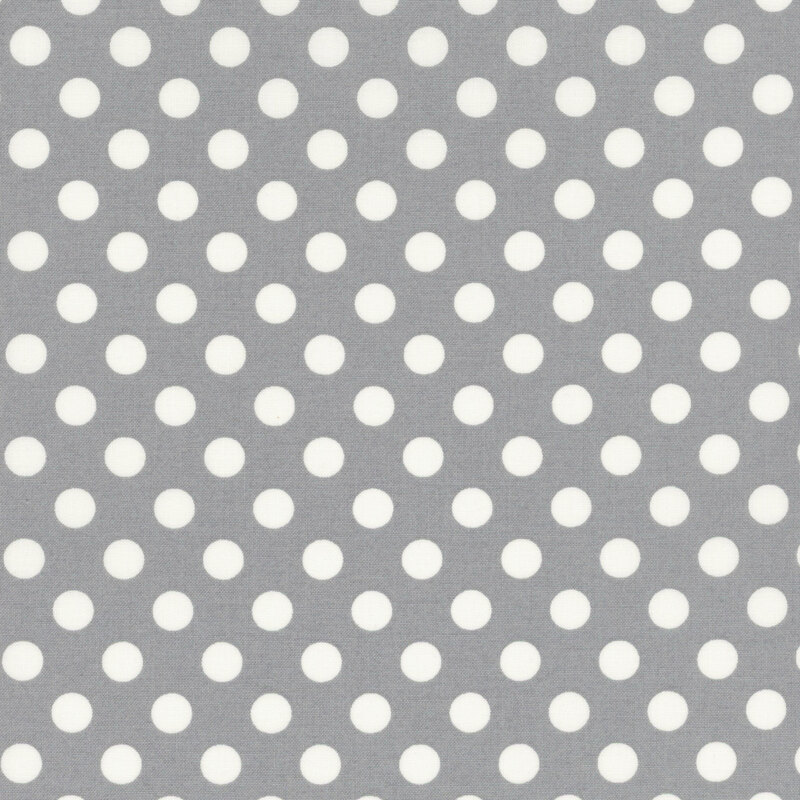 fabric featuring a gray background with white polka dots