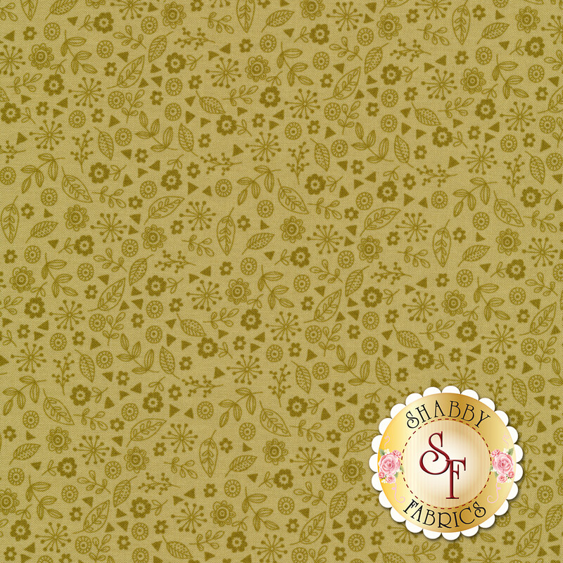 Tonal olive green fabric features tiny doodle ditzy flowers and leaves | Shabby Fabrics