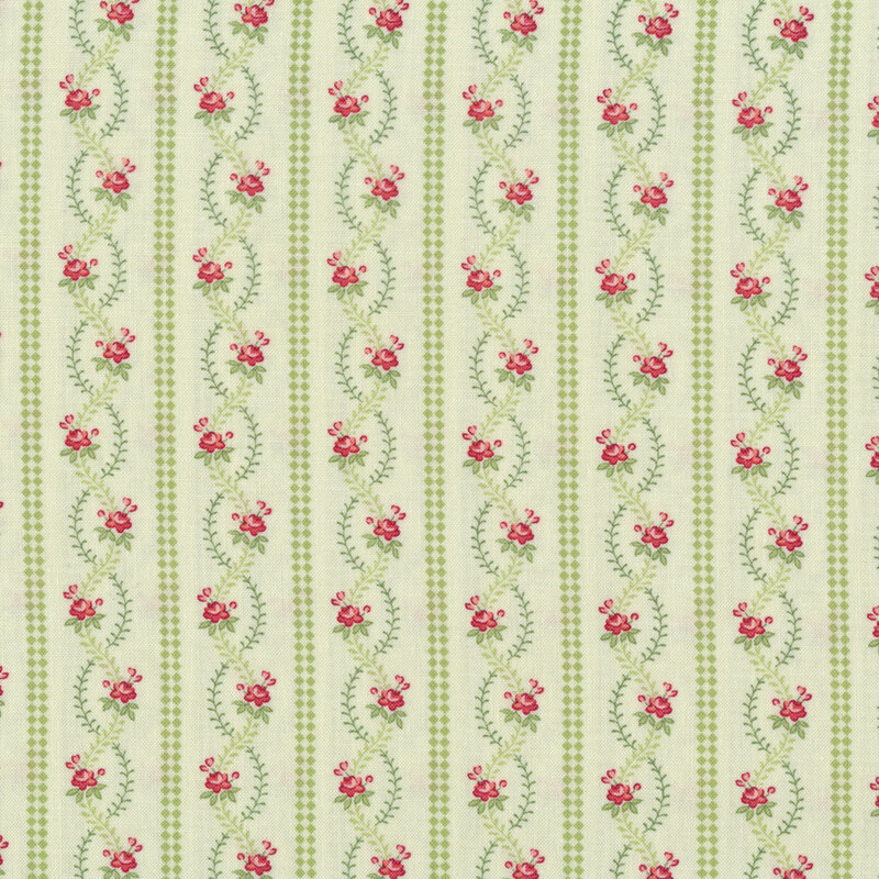 Green stripes next to wavey vines and roses on a mint background | Shabby Fabrics