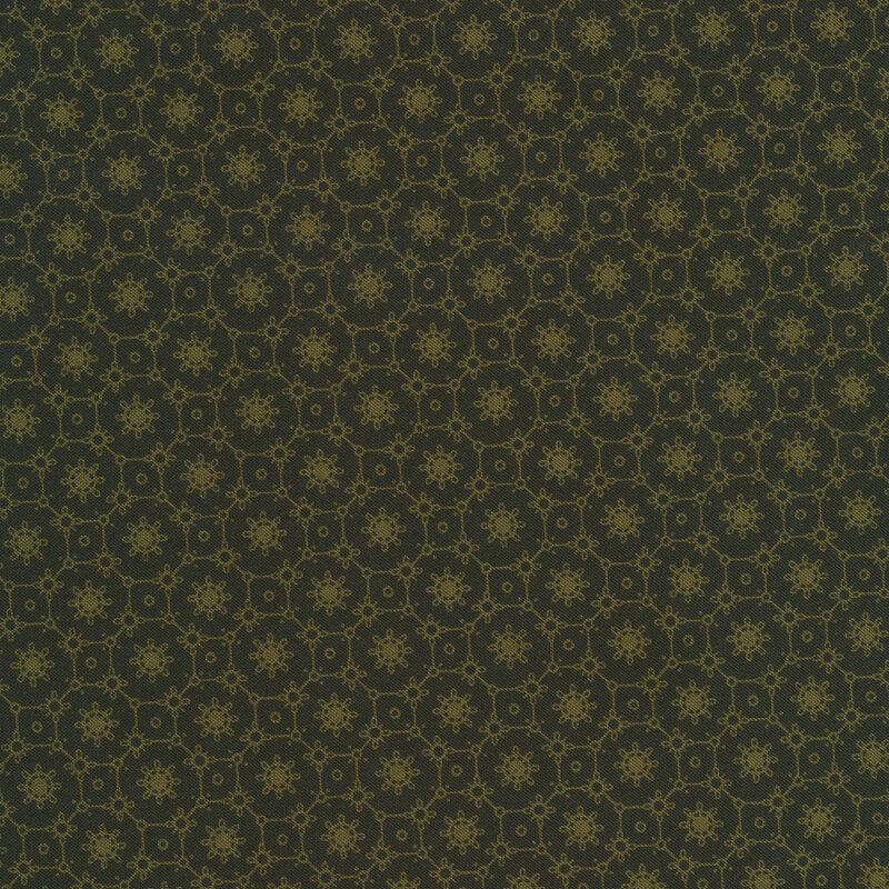 Dark green tonal fabric features tiled simple concentric illustrated flowers design | Shabby Fabrics