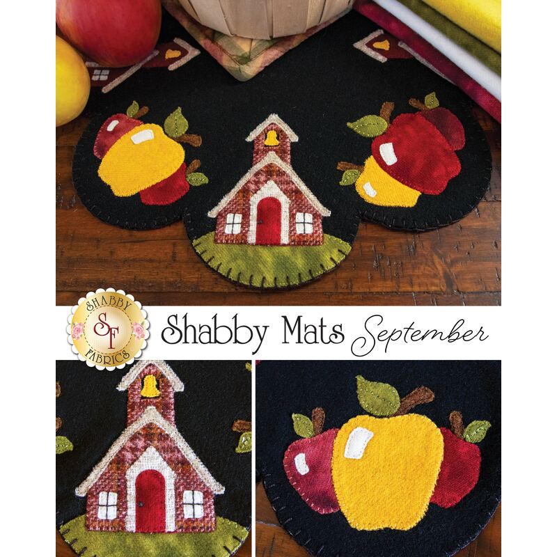 A collage of the finished wool mat showing details of the church and apples