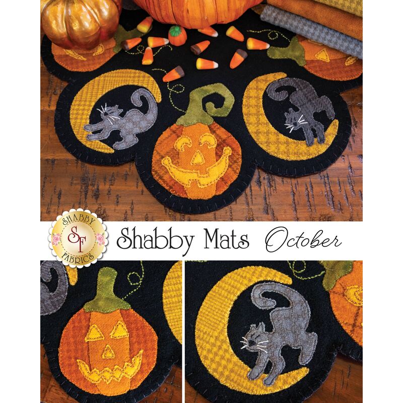 A collage showing the detail of the pumpkin and black cats on the Shabby Mats - October mat