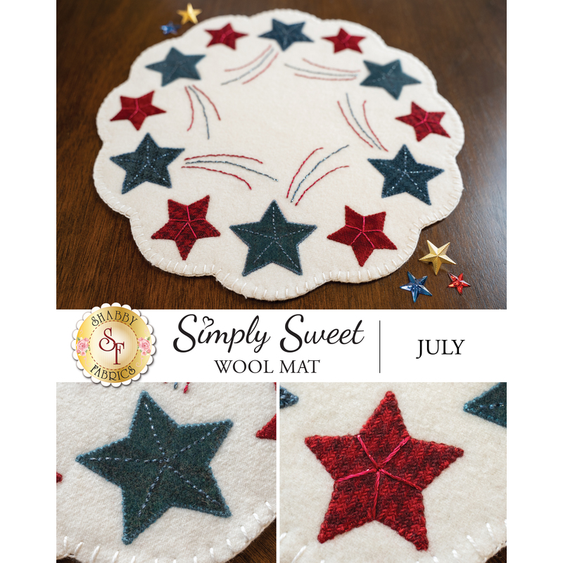 The wool Simply Sweet Mat for July featuring red and blue patriotic shooting stars on white wool 