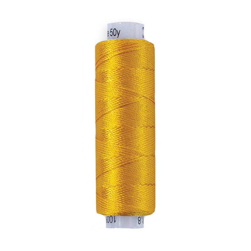 A spool of WonderFil Razzle RZ2118 Sunny Yellow thread on a white background