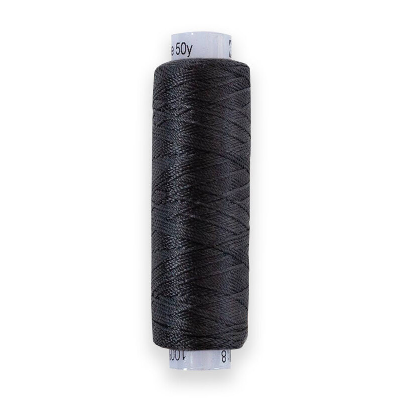 A spool of WonderFil Razzle RZ160 Black thread on a white background