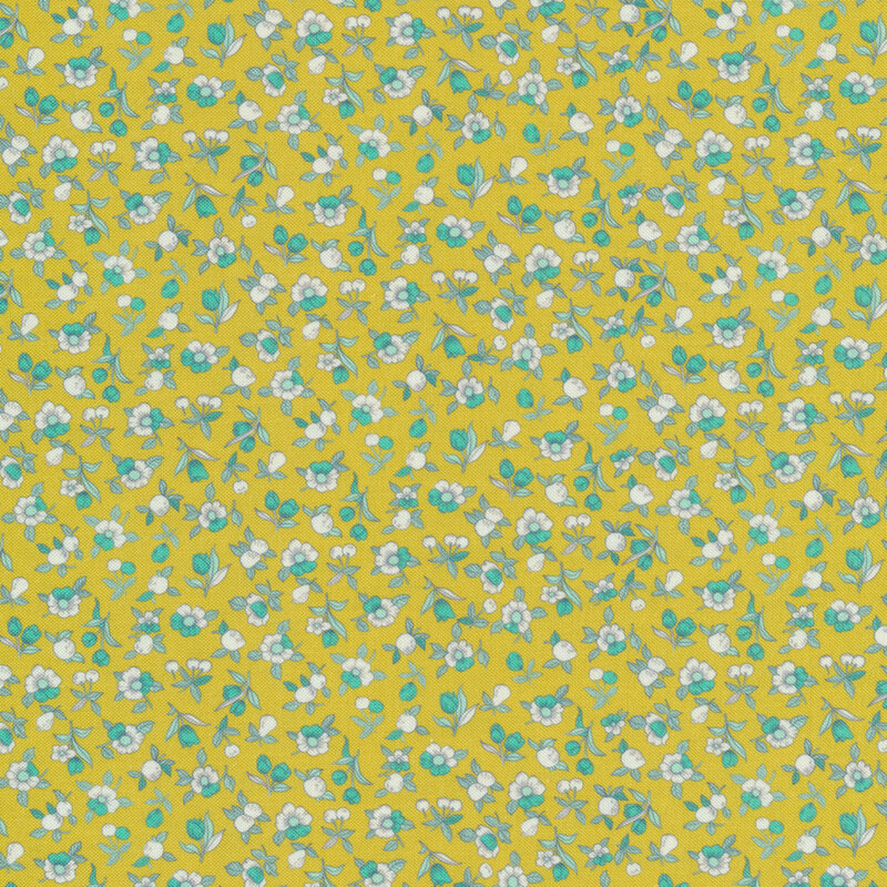 Yellow fabric features tiny teal and cream flowers allover | Shabby Fabrics