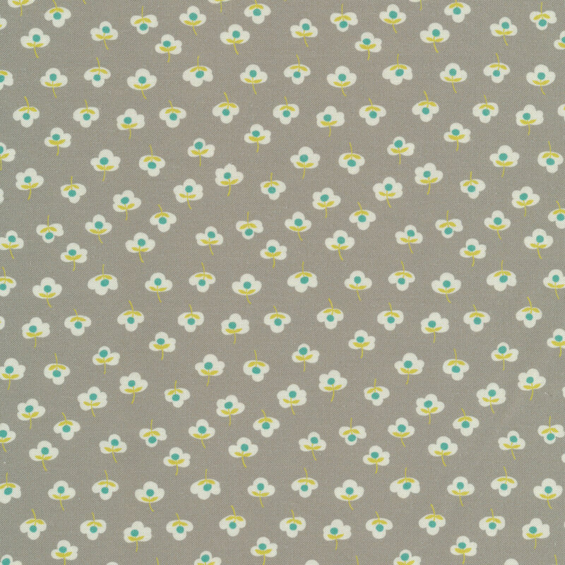 Gray fabric features tiny teal yellow cream flower pattern | Shabby Fabrics