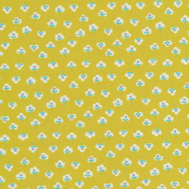 Yellow fabric features tiny teal gray cream flower pattern | Shabby Fabrics