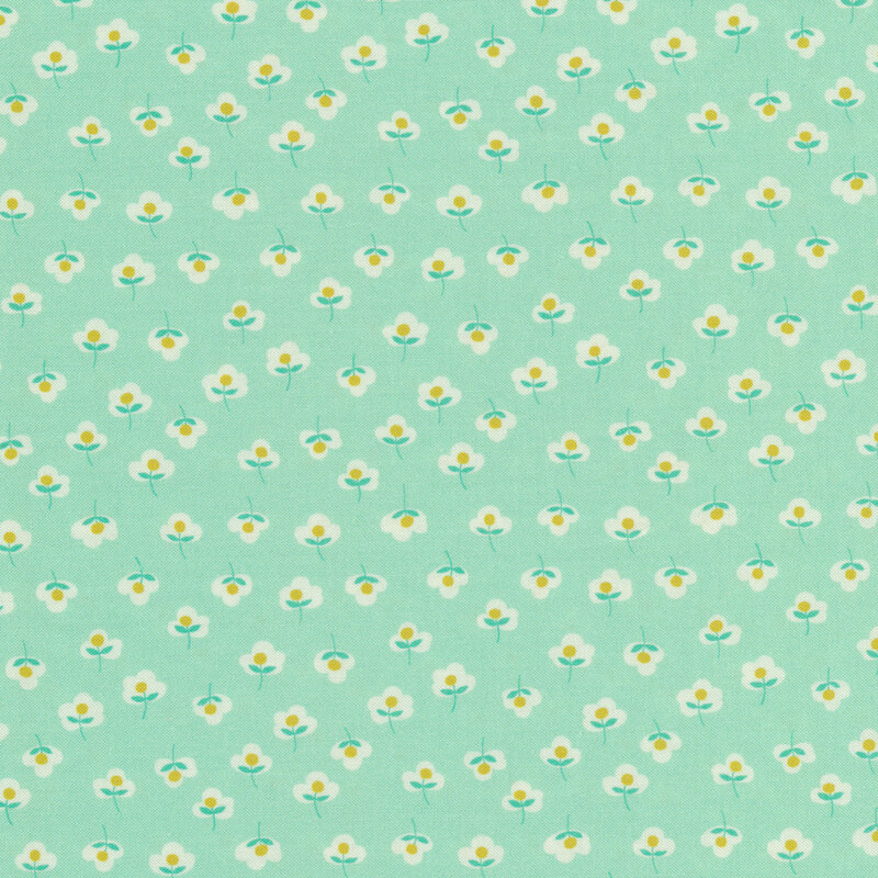 Teal fabric features tiny aqua yellow cream flower pattern | Shabby Fabrics