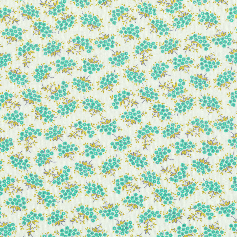 Cream fabric features tiny teal and yellow flower clusters | Shabby Fabrics