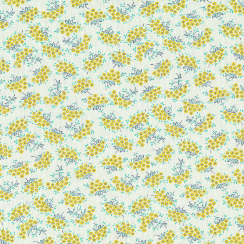 Cream fabric features tiny teal and yellow flower clusters | Shabby Fabrics