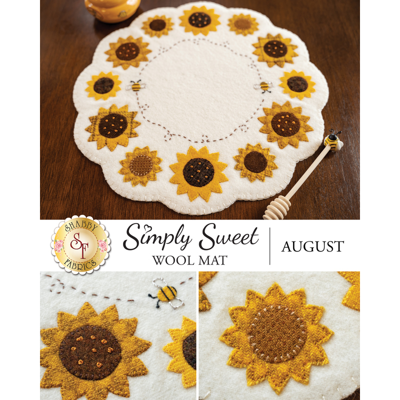 Circular wool mat with yellow sunflowers and two buzzing bees
