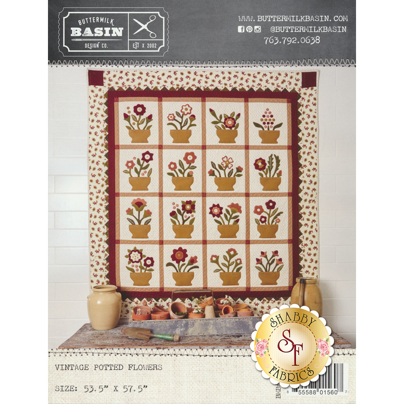 The front of the Vintage Potted Flowers pattern showing a vintage floral spring quilt