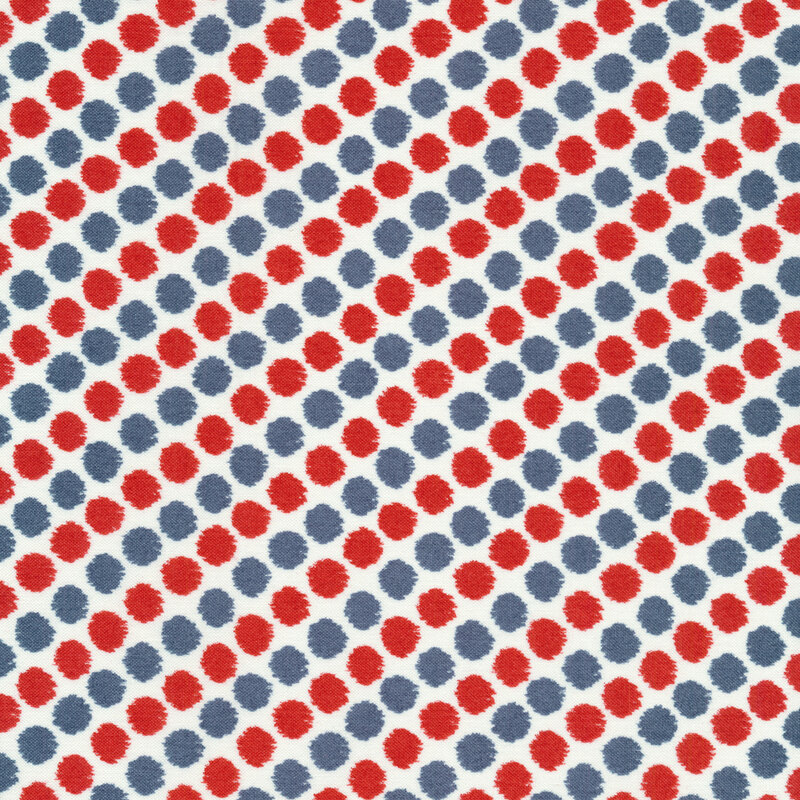 Red, white, and blue polka dots all over white | Shabby Fabrics