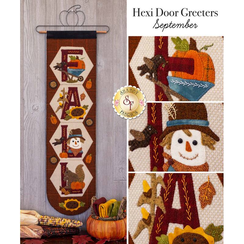A hexi door greeter with the word FALL hanging on a heart craft holder
