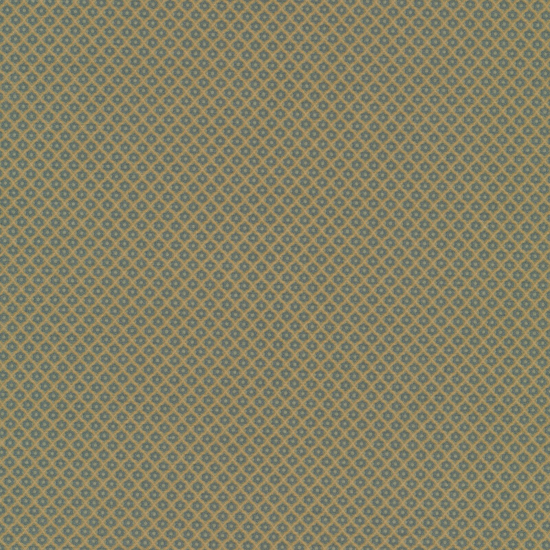 Green fabric features tiny blue flowers in tan diamond grid pattern | Shabby Fabrics