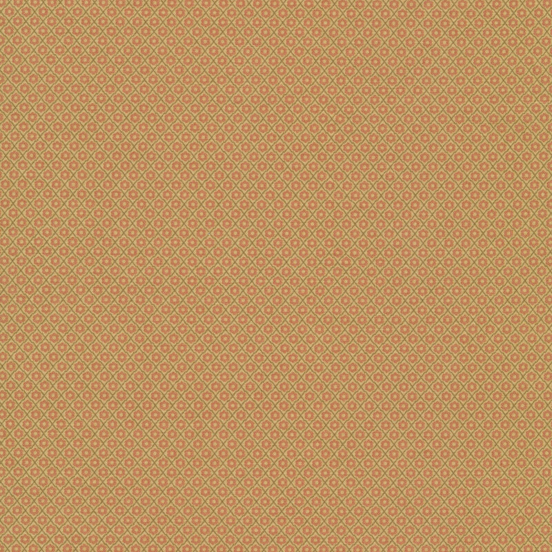 Tan fabric features tiny orange flowers in brown diamond grid pattern | Shabby Fabrics