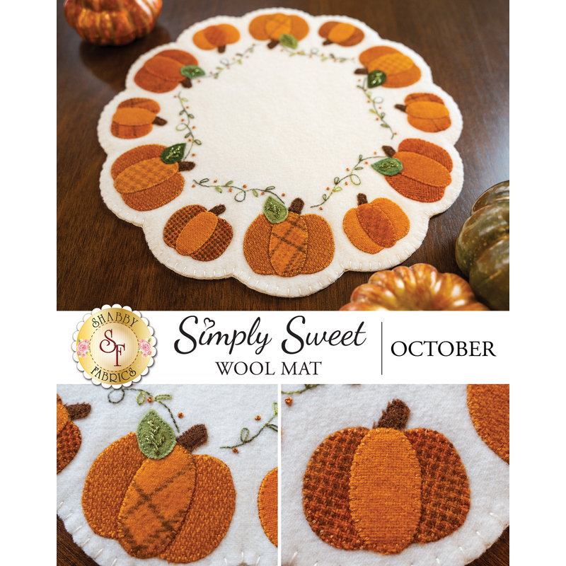 A collage of images showing the finished October Simply Sweet Wool Mat