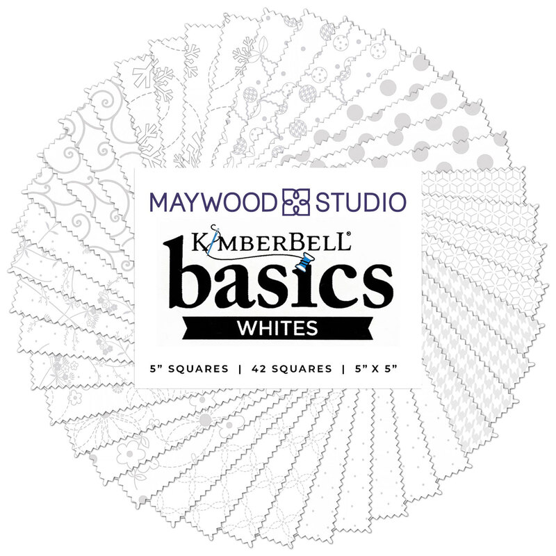 A collage of white on white fabrics from the Kimberbell Basics White Charm Pack