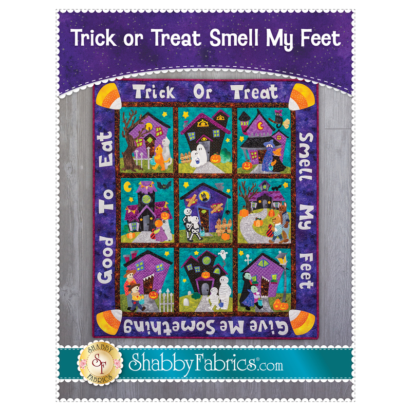 The front of the Trick Or Treat Smell My Feet BOM pattern showing the finished quilt