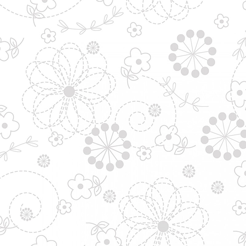 Gray flower doodle design on white to represent white on white design | Shabby Fabrics