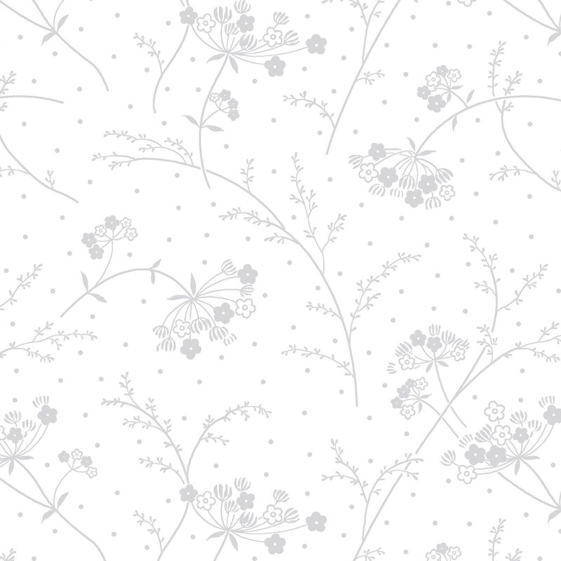 Gray flowers, ferns, and dots on white representing white on white design | Shabby Fabrics