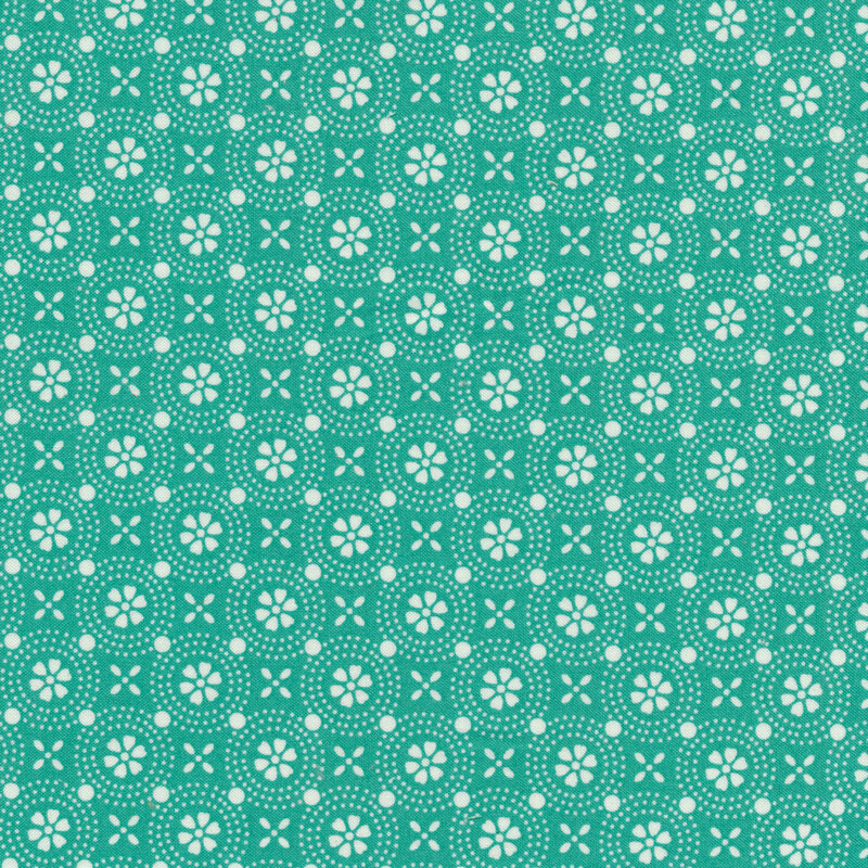 White and teal floral medallion fabric | Shabby Fabrics