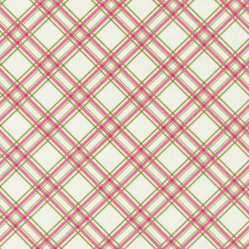 Pink and green diagonal plaid design on white | Shabby Fabrics