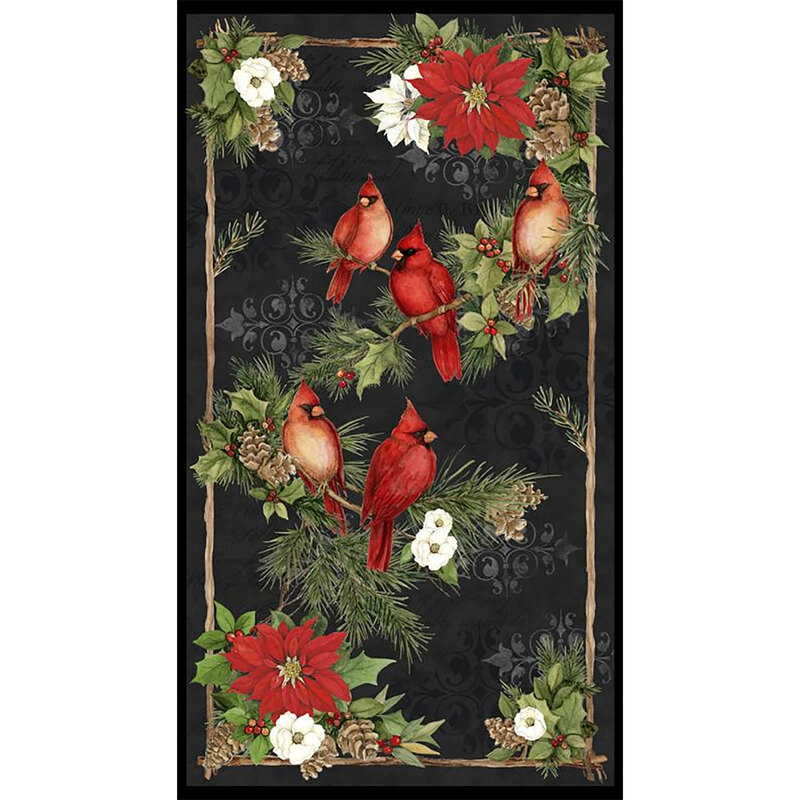 Black panel fabric featuring birds and Christmas foliage | Shabby Fabrics