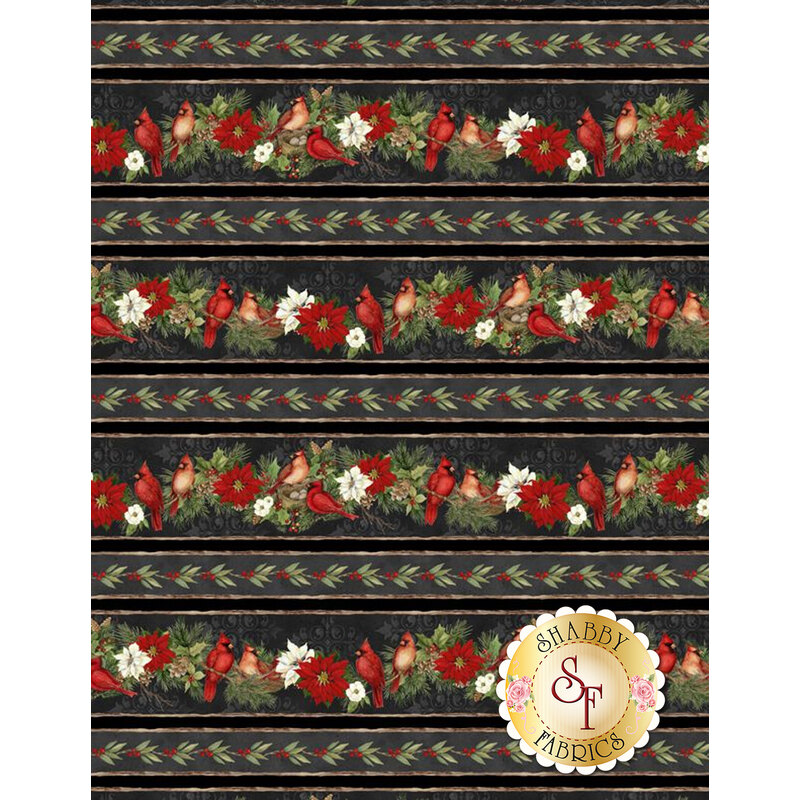 Black border stripe fabric featuring birds and Christmas foliage | Shabby Fabrics