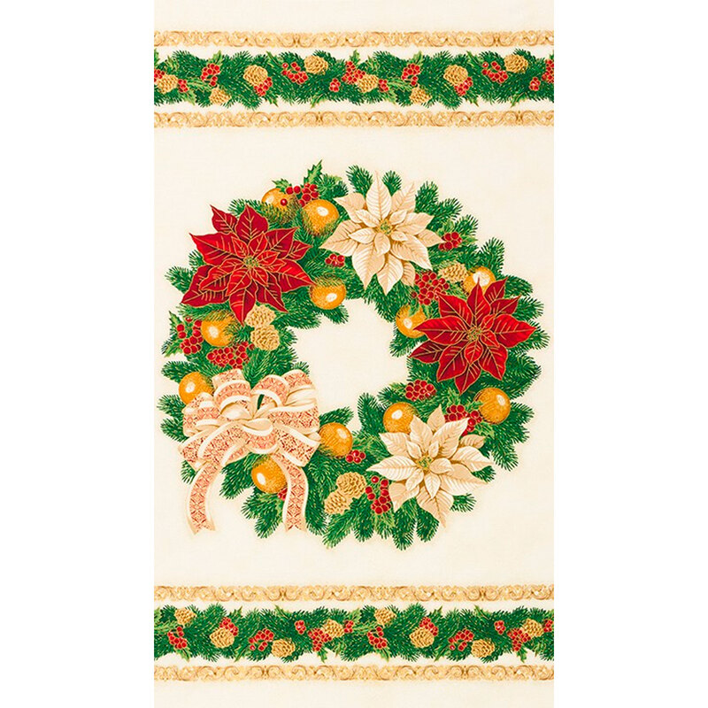 Wreath with cream and red poinsettias on cream panel | Shabby Fabrics